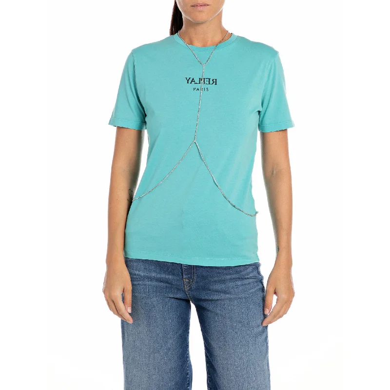 Replay Women's Jersey T-shirt with Body Chain-- Denim Fabric Leather Fabric Suede Fabric Replay Women's Jersey T-shirt with Body Chain-- Denim Fabric Leather Fabric Suede Fabric