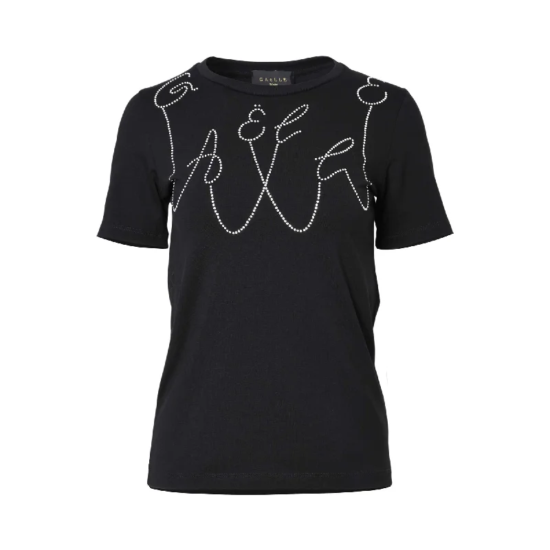 Gaelle Women's Black T-shirt-- Graphic Embroidered Appliqued