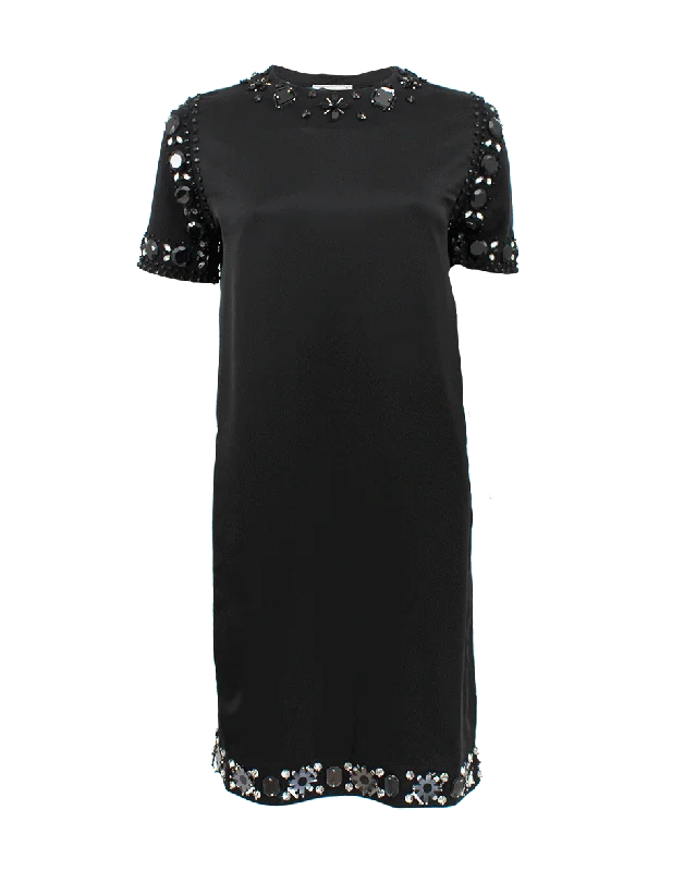 T-Shirt Dress With Beading-- Zippered Front Buttoned Front Snap Front