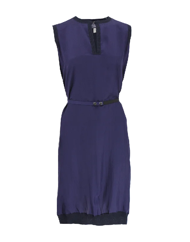 Sleeveless Split Neck Belted T-Shirt Dress-- Denim Fabric Leather Fabric Suede Fabric