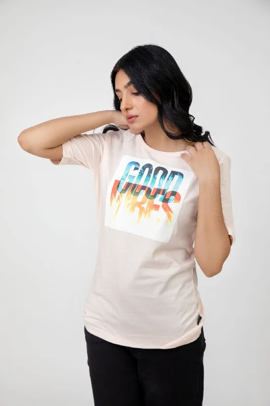 Madamadam Women's Good Vibes Printed Short Sleeve Tee Shirt-- Silk Blend Satin Velvet