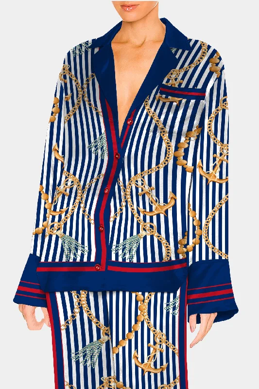 Nautical Stripes Shirt For Women-- Mesh Blend Leather Blend Suede Blend
