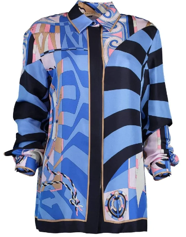 Navy Long Sleeve Printed Shirt-- Polka Dot Checkered Tartan