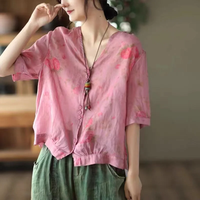 Women's V-neck Single Breasted Plus Size Slimming Artistic Stitching Casual Printed Ramie Shirt-- Spandex Blend Rayon Blend Denim Blend Women's V-neck Single Breasted Plus Size Slimming Artistic Stitching Casual Printed Ramie Shirt-- Spandex Blend Rayon Blend Denim Blend