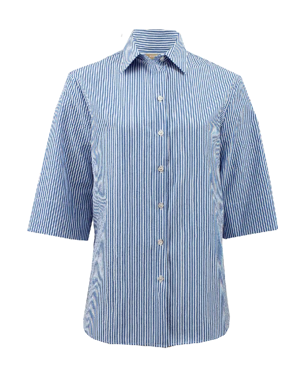 Three-Quarter Sleeve Striped Boyfriend Shirt-- V-Neck T-Shirt Long Sleeve Cotton