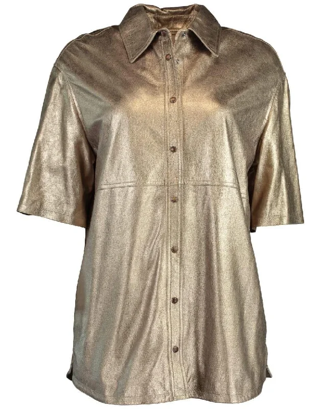 Gold Metallic Short Sleeve Snap Front Leather Shirt-- Spandex Blend Rayon Blend Denim Blend Gold Metallic Short Sleeve Snap Front Leather Shirt-- Spandex Blend Rayon Blend Denim Blend