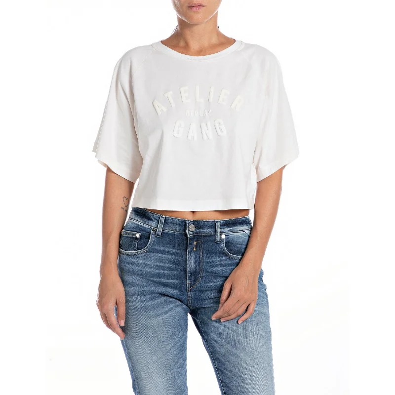 Replay Women's Atelier Replay cropped T-shirt with Print-- Fleece Fabric Down Fabric Feather Fabric Replay Women's Atelier Replay cropped T-shirt with Print-- Fleece Fabric Down Fabric Feather Fabric