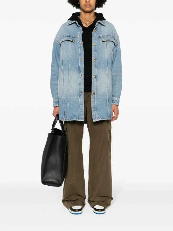 PALM ANGELS - Women Washed Logo Denim Overshirt-- Welt Pockets Slit Pockets
