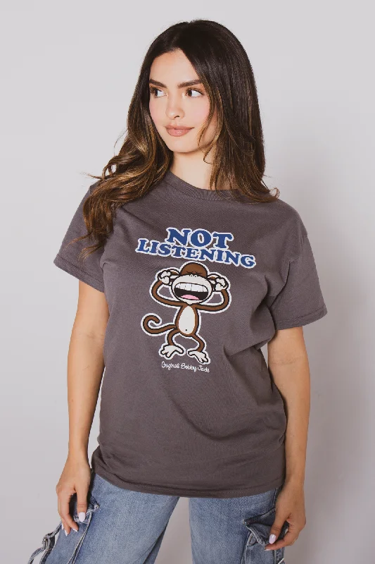 Not Listening - Bobby Jack Boyfriend T-Shirt -Charcoal-- Chenille Fabric Brocade Fabric Lace Fabric Not Listening - Bobby Jack Boyfriend T-Shirt -Charcoal-- Chenille Fabric Brocade Fabric Lace Fabric