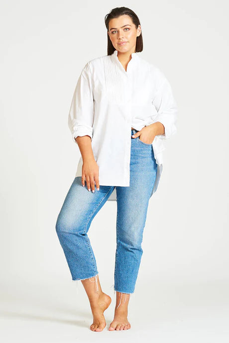 Shirty The Boyfriend Shirt Tuxedo White-- Asymmetrical Pockets Print
