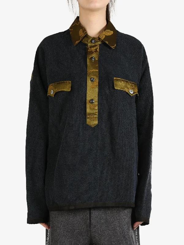 COMMUNS - Unisex Garuda Bicolor Stitch Shirt-- Satin Blend Silk Blend Wool Blend
