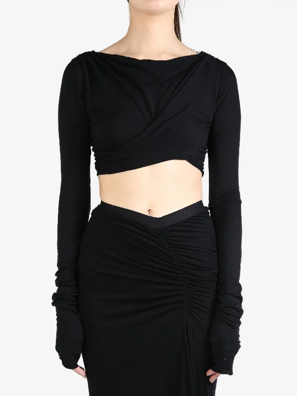 RICK OWENS LILIES - Women Jade Long  Sleeve Crop T-shirt-- Welt Pockets Slit Pockets