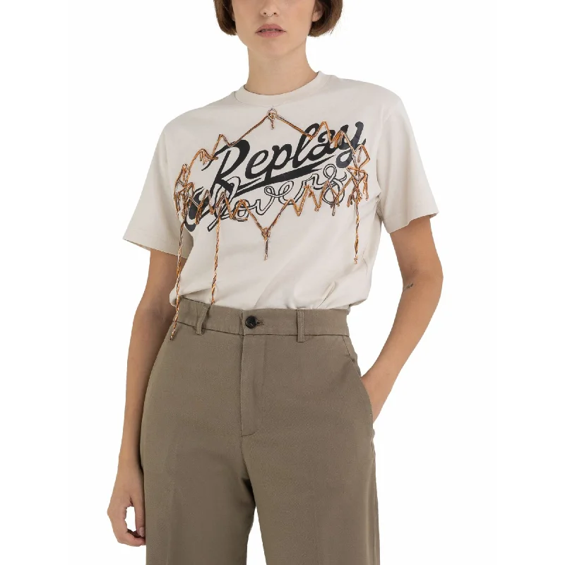 Replay Women's Jersey T-shirt with Folk Print-- Notch Collar Peter Pan Collar Cowl Neck Replay Women's Jersey T-shirt with Folk Print-- Notch Collar Peter Pan Collar Cowl Neck