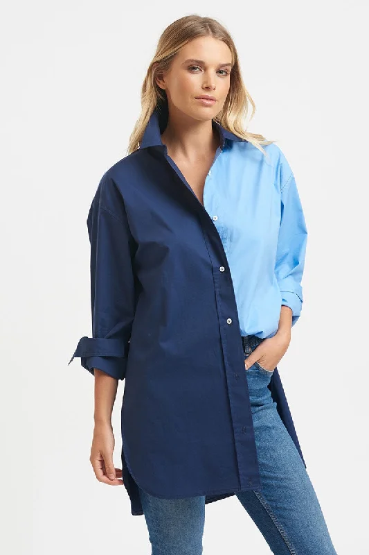 Shirty Panel Blues-- Collared T-Shirt Boat Neck A-Line