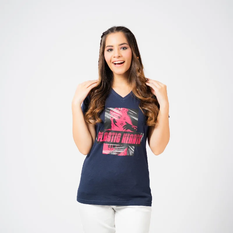 BDY Women Plastic Hearts Printed V- Neck Tee Shirt-- Spandex Blend Rayon Blend Denim Blend BDY Women Plastic Hearts Printed V- Neck Tee Shirt-- Spandex Blend Rayon Blend Denim Blend