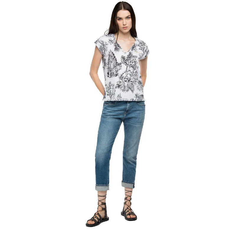 Replay Women's Thai Print White Jersey T-Shirt-- Chenille Blend Fleece Blend Nylon Blend Replay Women's Thai Print White Jersey T-Shirt-- Chenille Blend Fleece Blend Nylon Blend