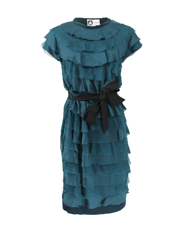 Ribbon Ruffle T-Shirt Dress-- Lace Blend Ribbed Blend Corduroy Blend