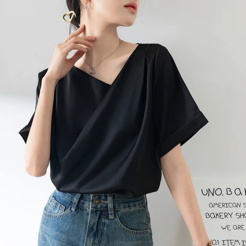 French Sexy V-neck Short-sleeved Shirt Women's Design Niche Temperament Drape Chiffon Shirt-- Mesh Canvas Denim French Sexy V-neck Short-sleeved Shirt Women's Design Niche Temperament Drape Chiffon Shirt-- Mesh Canvas Denim