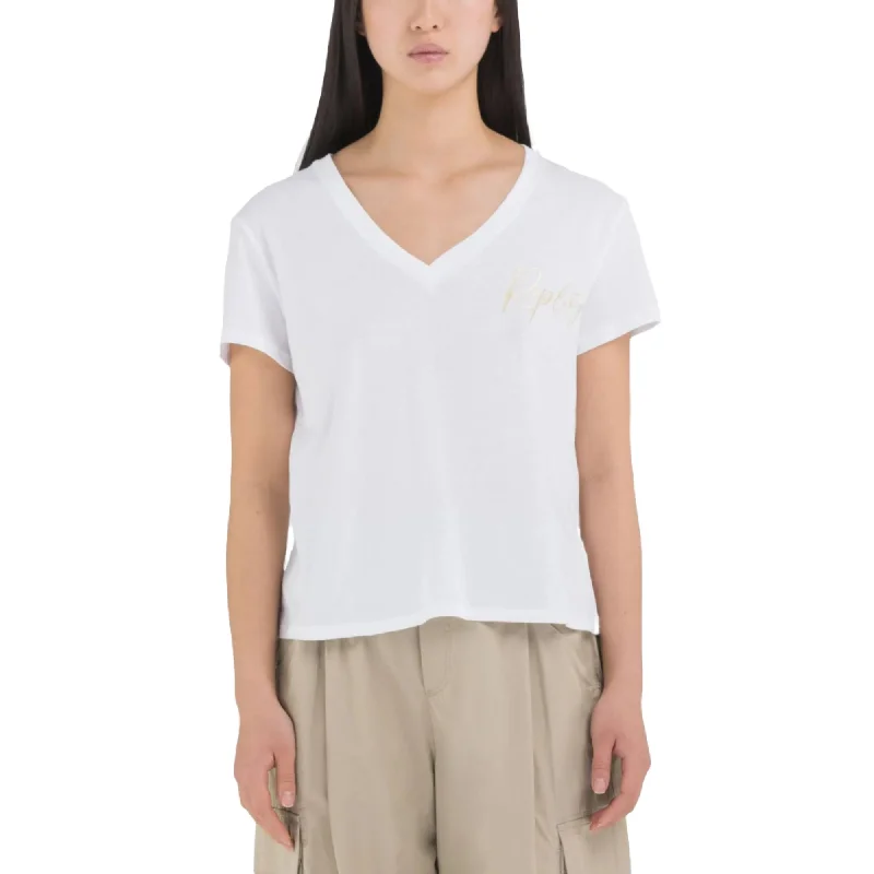 Replay Women's White T-shirt-- Solid Print Embellished