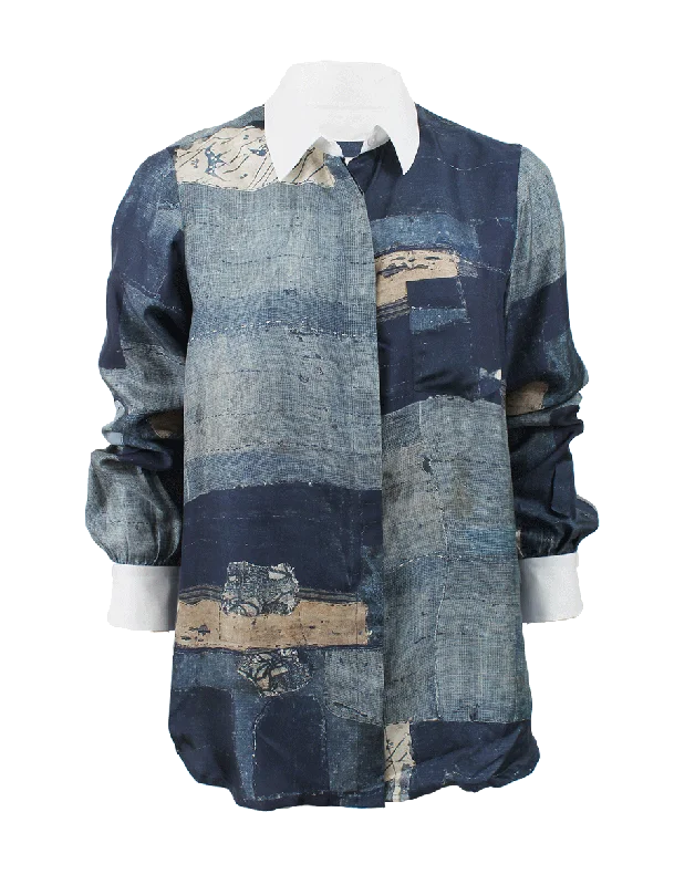 Chika Button Down Shirt-- Mesh Blend Leather Blend Suede Blend