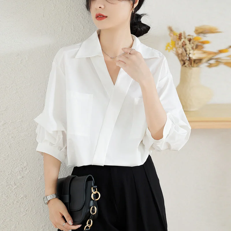 French Style Three-quarter Sleeve Loose Thin Lapel Shirt-- Seamless Knitted Crochet
