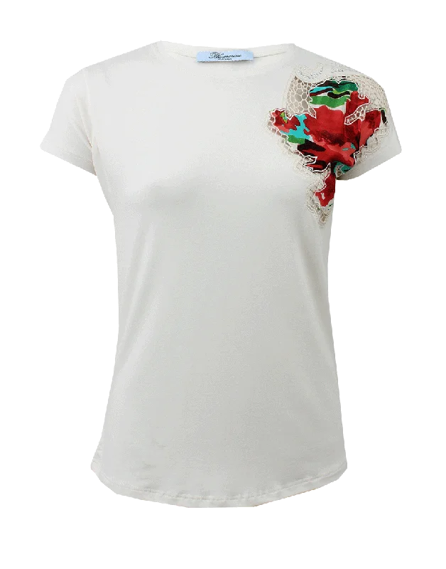 Floral Applique Shoulder T-Shirt-- Mesh Blend Leather Blend Suede Blend