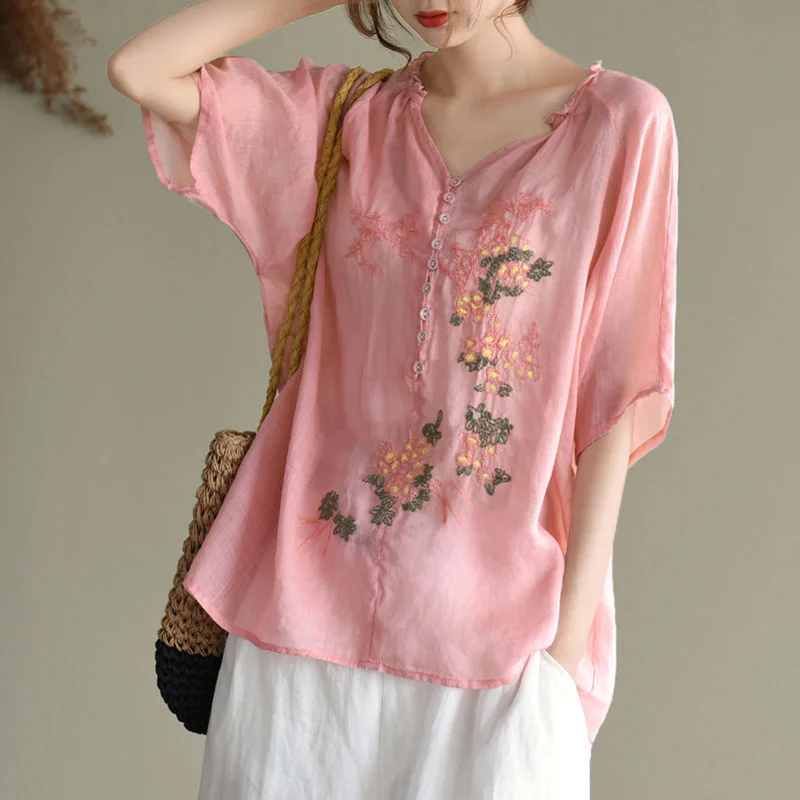Summer Artistic Wooden Ear Embroidered Shirt Top-- Zippered Front Buttoned Front Snap Front Summer Artistic Wooden Ear Embroidered Shirt Top-- Zippered Front Buttoned Front Snap Front