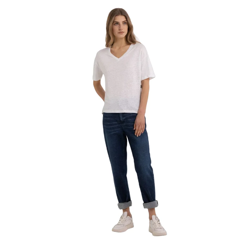 Replay Women's V-neck T-shirt in Stretch Linen-- Hooded Caped Shawl Collar