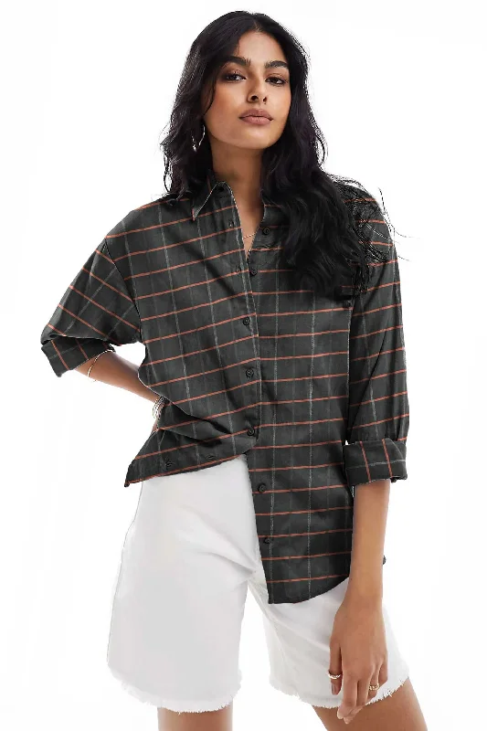 East West Women's Check Design Button Down Casual Shirt-- Mesh Blend Leather Blend Suede Blend