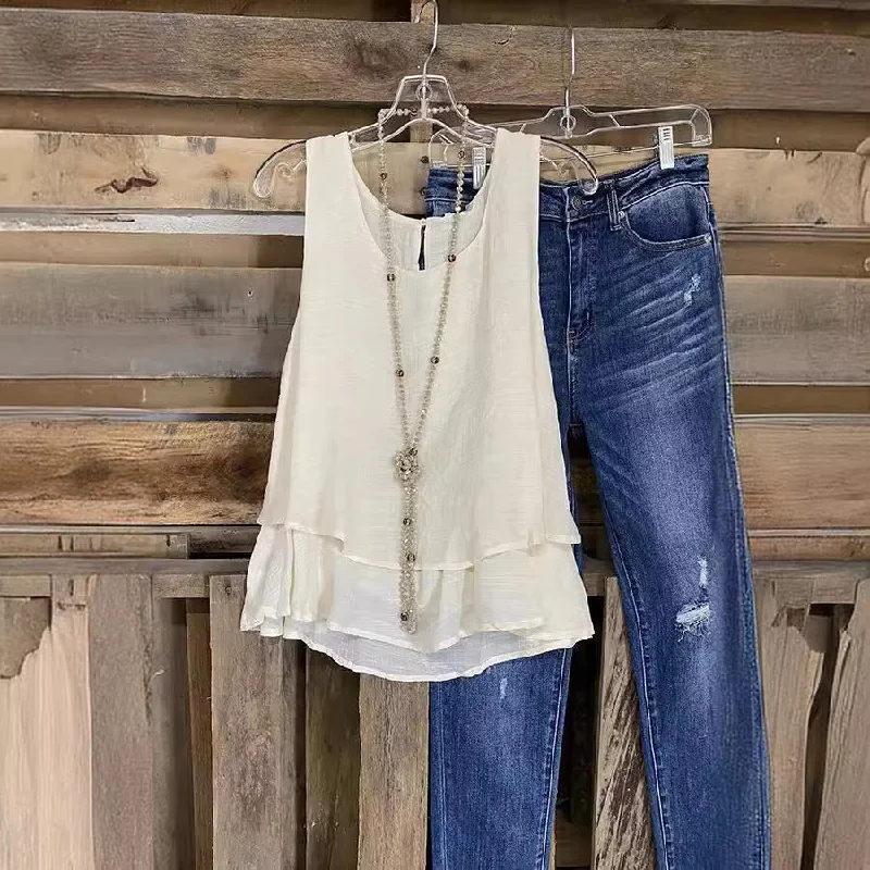 Women's Casual Vest Fake Two-piece Double-layer Cotton And Linen Sleeveless T-shirt-- Striped Floral Plaid Women's Casual Vest Fake Two-piece Double-layer Cotton And Linen Sleeveless T-shirt-- Striped Floral Plaid
