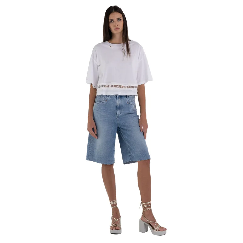 Replay Women's Cropped T-shirt with Abrasions-- Chenille Brocade Lace
