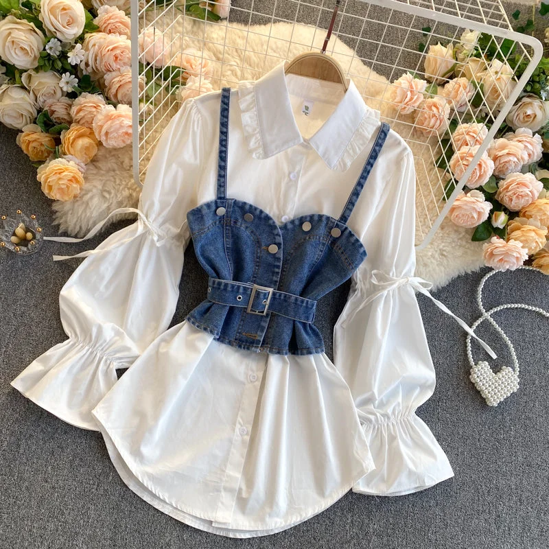 Simple shirt, puff sleeves, loose, versatile denim camisole, stacking two-piece suit 261-- Anti-Shrink Durable Soft Simple shirt, puff sleeves, loose, versatile denim camisole, stacking two-piece suit 261-- Anti-Shrink Durable Soft