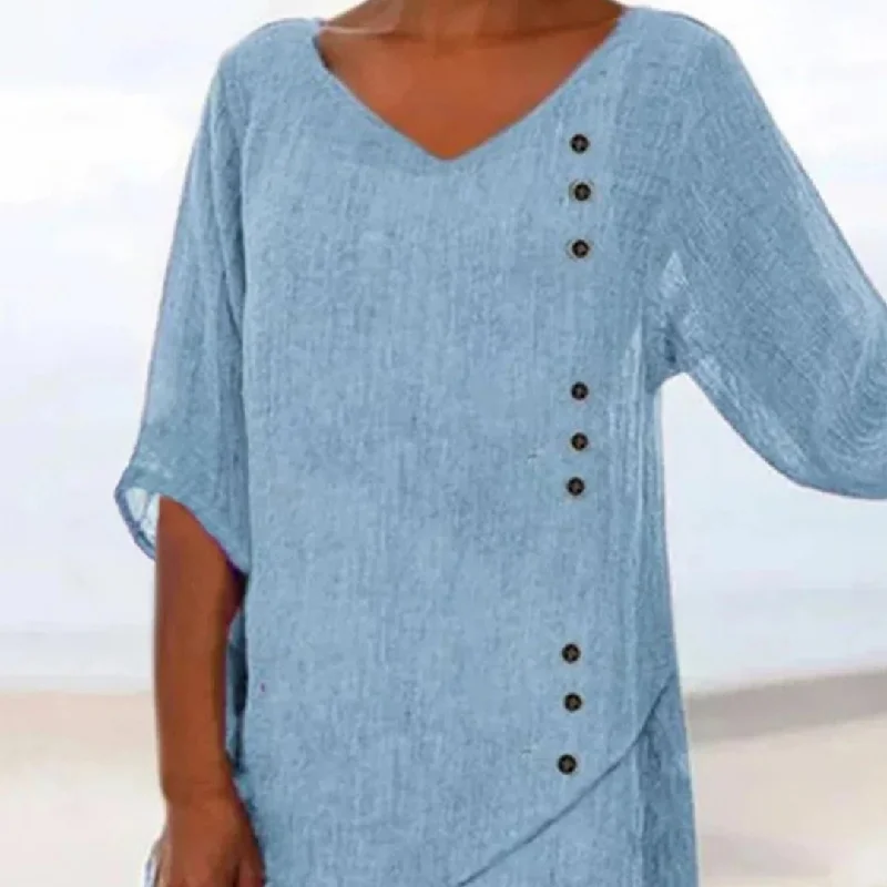 Blue Cotton Linen V-neck T-shirt Half Sleeve Shirt Loose Plus Size Women's Clothing-- Terry Blend Velvet Blend Canvas Blend Blue Cotton Linen V-neck T-shirt Half Sleeve Shirt Loose Plus Size Women's Clothing-- Terry Blend Velvet Blend Canvas Blend