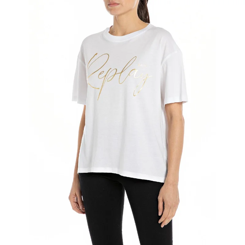Replay Women's Jersey T-shirt with Foil Print-- Wool Fabric Cashmere Fabric Tweed Fabric Replay Women's Jersey T-shirt with Foil Print-- Wool Fabric Cashmere Fabric Tweed Fabric