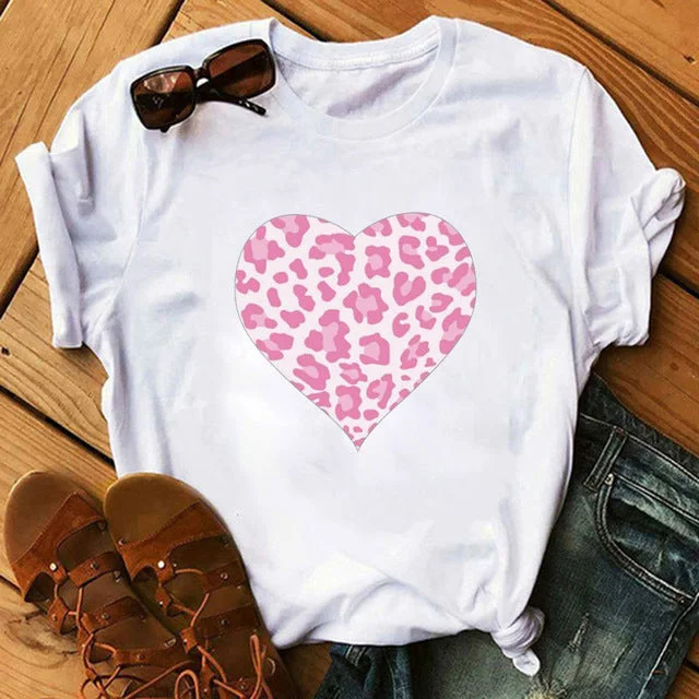 Spring Women's Cartoon Leopard Print Heart Printing T-shirt -- Basic T-Shirt Crew Neck Short Sleeve Spring Women's Cartoon Leopard Print Heart Printing T-shirt -- Basic T-Shirt Crew Neck Short Sleeve