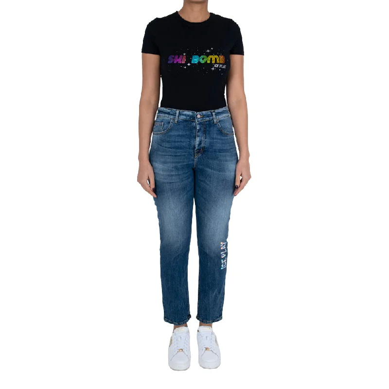 Ice Play Women's Black T-Shirt-- Wool Fabric Cashmere Fabric Tweed Fabric