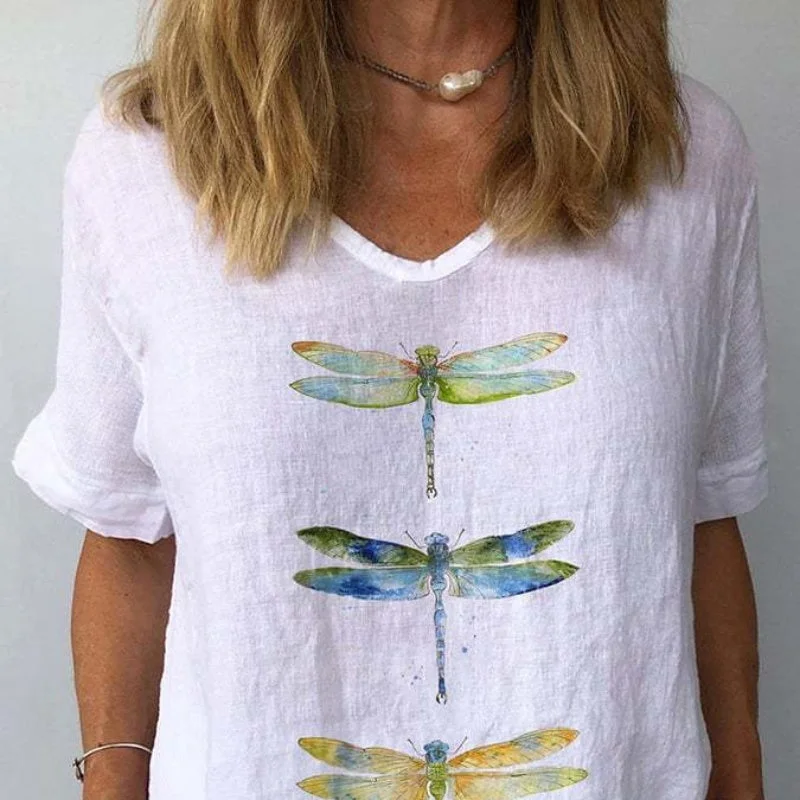 3d Printed V-neck Loose Women's T-shirt Short Sleeve-- Fashionable Trendy Casual