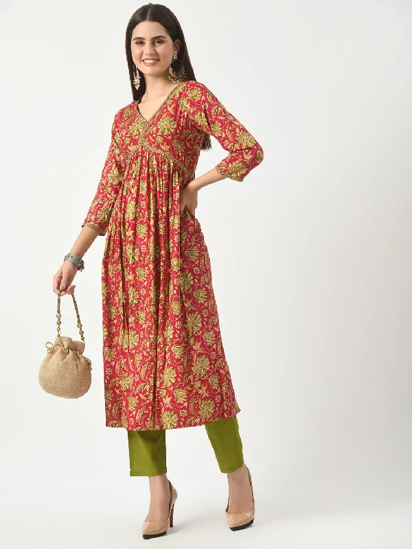 Pink Floral Printed Aliacut Kurta With Pant - Rasiya Formal Dress Pants