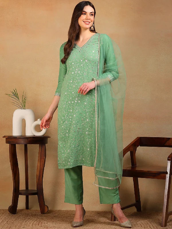 Women's Green Silk Blend Embroidered Straight Kurta Pant Set With Dupatta - Ahika Comfortable Fleece Pants