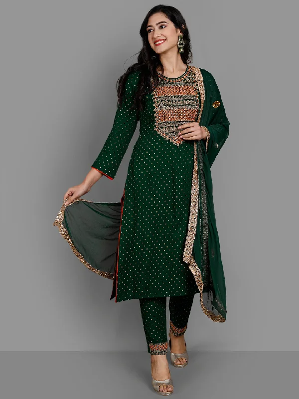 Women's  Green Rayon Kurta Pant And Dupatta Set - Noz2Toz Warm Wool Trousers