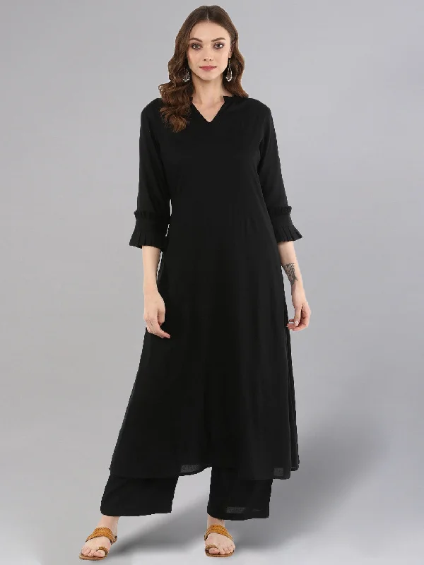 Women's Black A-Line Kurta With Palazzo Pants - Idalia Relaxed Casual Leggings