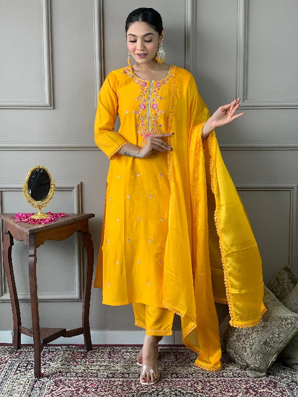 Women's Mustard Viscose Chanderi Embroidery Worked Kurta With Pant And Duppata Set - Dwija Fashion Classic Pleated Pants