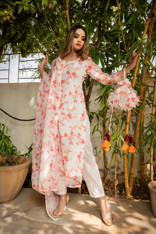 Women's Floral Printed Knee Length Round Neck Chanderi Cotton Kurti And Pant Set With Printed Dupatta - Modestouze Attires Trendy Work Pants Women's Floral Printed Knee Length Round Neck Chanderi Cotton Kurti And Pant Set With Printed Dupatta - Modestouze Attires Trendy Work Pants