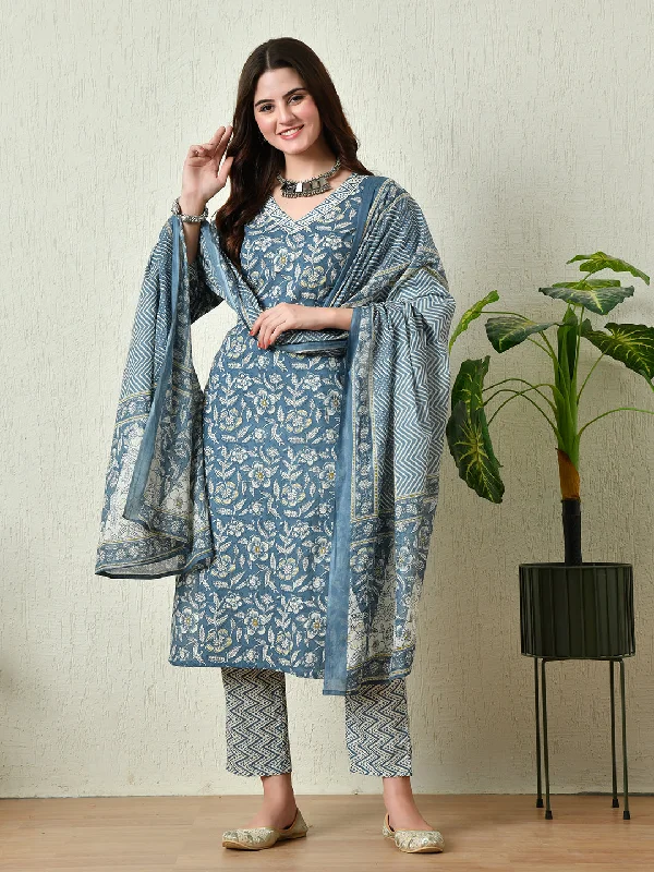 Women's Blue Printed Straight Kurta Pant With Dupatta Set - Rasiya Trendy Work Pants