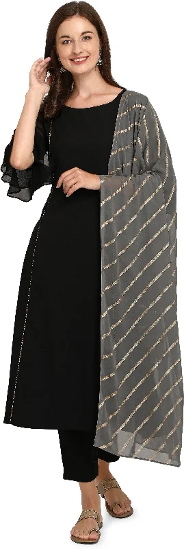 Women's Black Poly Crepe A-Line Kurta Pant With Dupatta - Fiorra Comfortable Maternity Pants Women's Black Poly Crepe A-Line Kurta Pant With Dupatta - Fiorra Comfortable Maternity Pants
