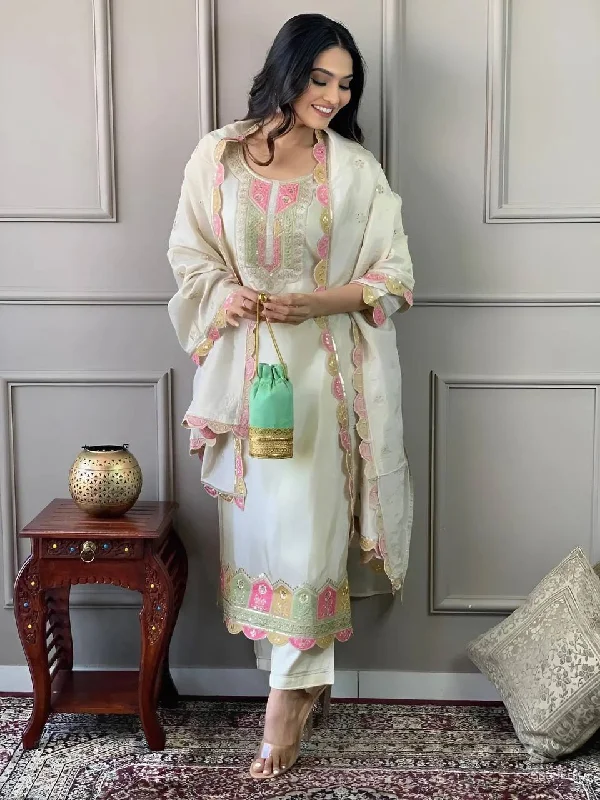 Women's Off White Viscose Chanderi Embroidery Worked Kurta With Pant And Duppata Set - Dwija Fashion Soft Wool Pants Women's Off White Viscose Chanderi Embroidery Worked Kurta With Pant And Duppata Set - Dwija Fashion Soft Wool Pants