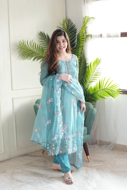 Women's Sky Blue Embroidery Kurta With Pant And Duppata Set - Dwija Fashion Formal Wide-Leg Pants Women's Sky Blue Embroidery Kurta With Pant And Duppata Set - Dwija Fashion Formal Wide-Leg Pants