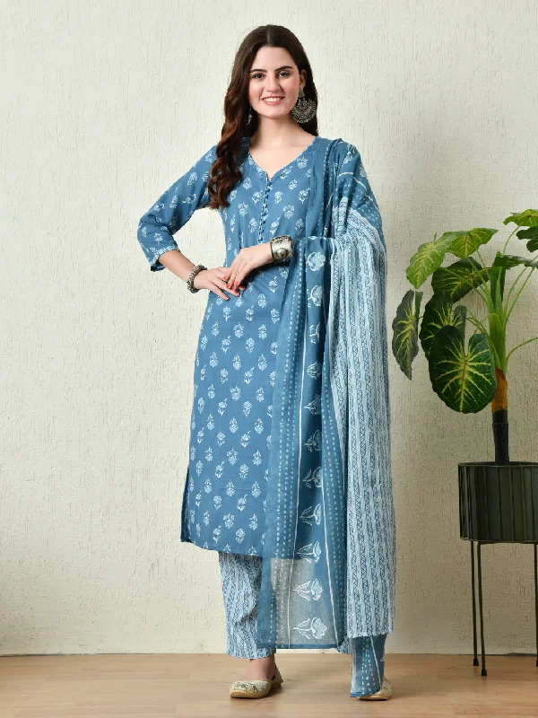 Blue Printed Kurta Pant With Dupatta Set - Rasiya Soft Cotton Pants