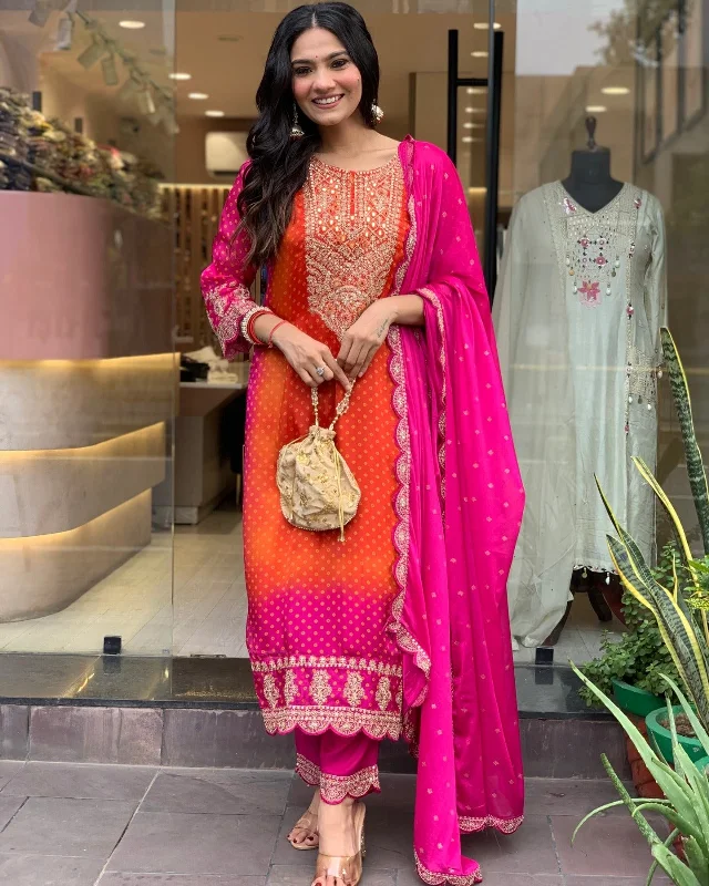 Women's Orange Embroidery Kurta With Pant And Duppata Set - Dwija Fashion Classic Cropped Pants Women's Orange Embroidery Kurta With Pant And Duppata Set - Dwija Fashion Classic Cropped Pants