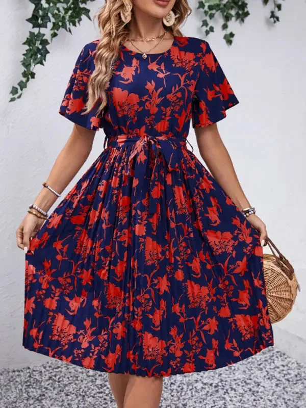 Blue Zone Planet |  Round Neck Waist Floral Print Knee Length Dress sweetheart Neckline Romantic